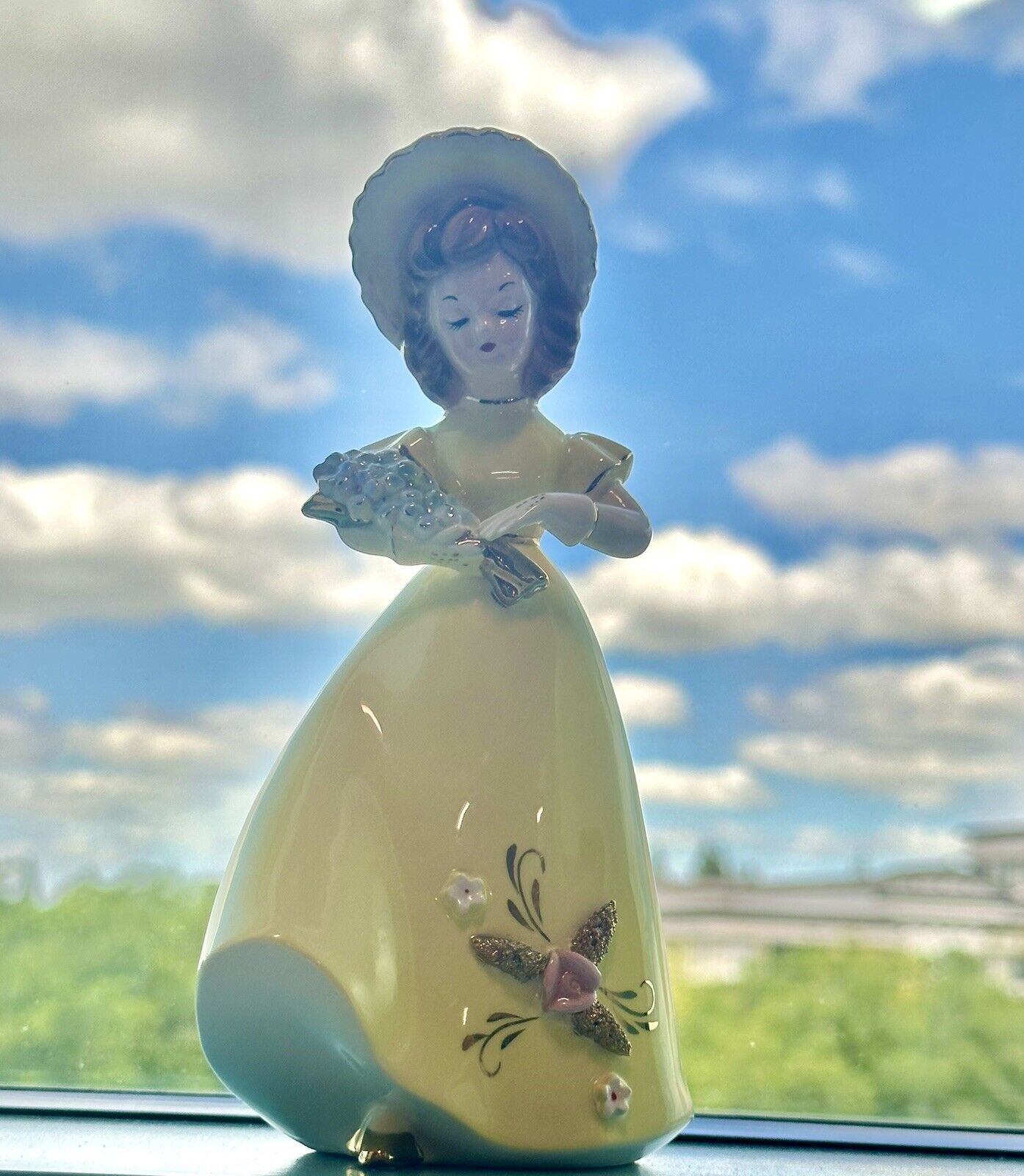 Vintage Josef Originals Lady Figurine Yellow Dress Holding Flowers