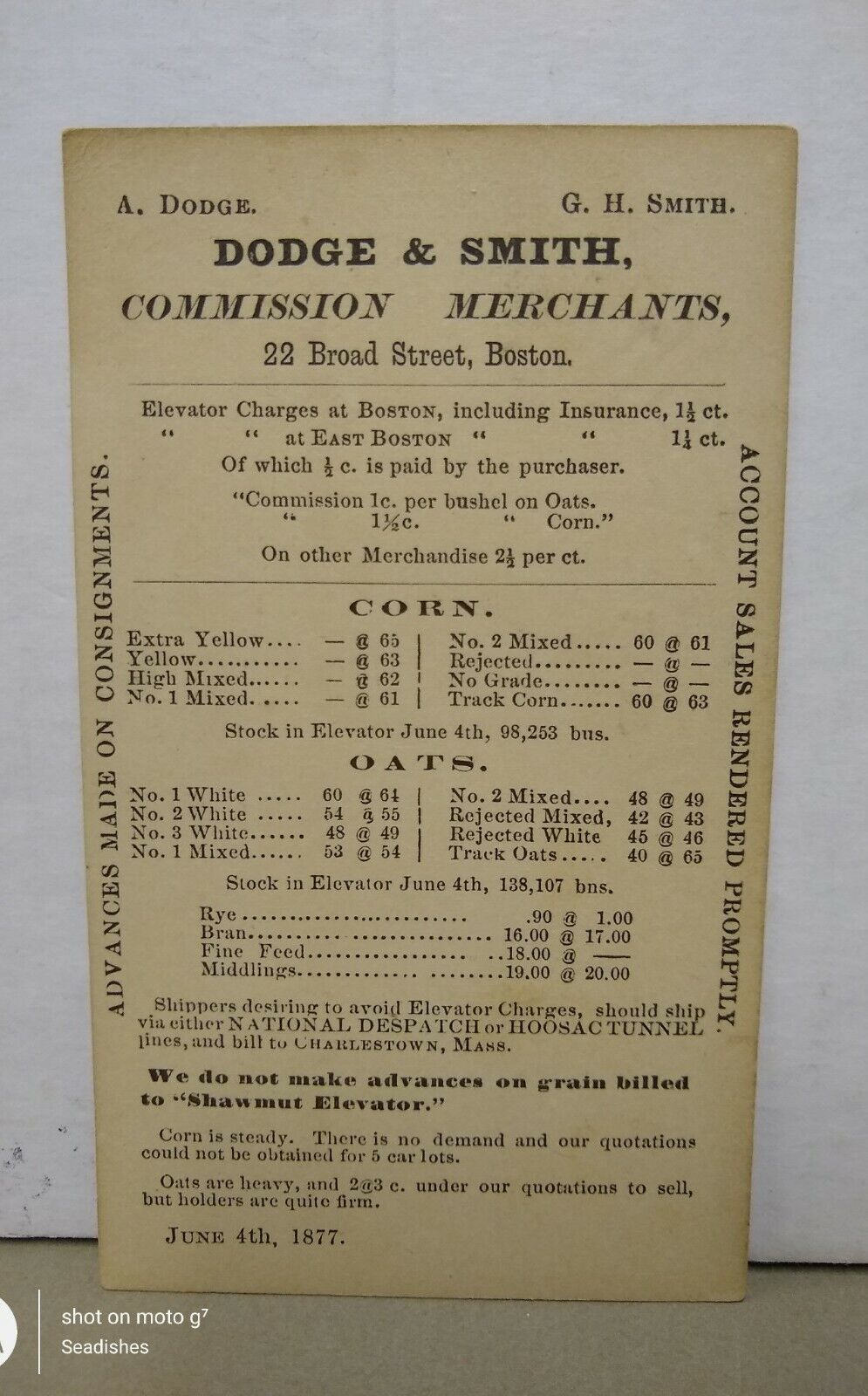 1877 Dodge & Smith Commission Merchants Boston Mass Postcard Corn Oats Prices