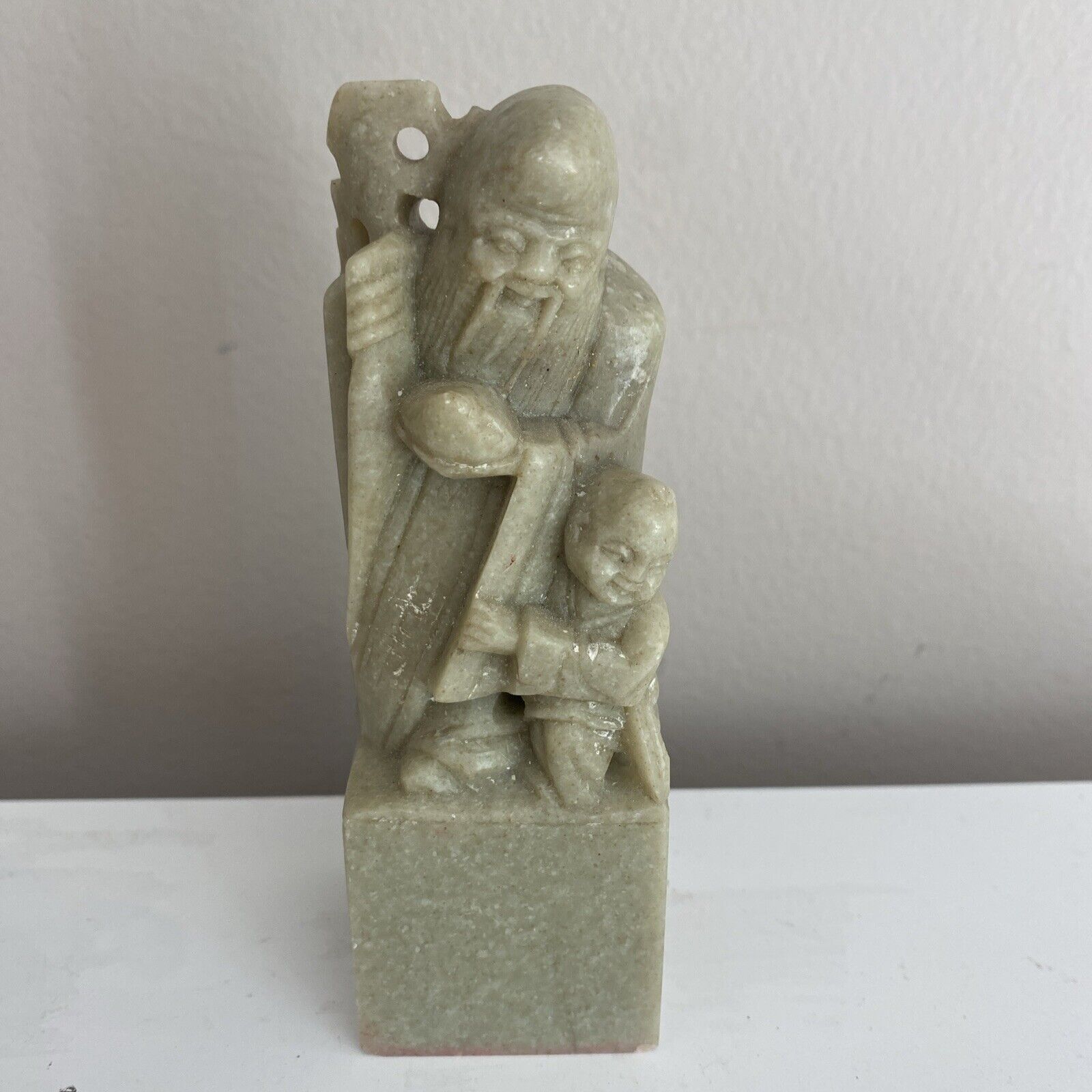 Vintage  Chinese Carved Stone Man And Little Boy Signed 5 Inch