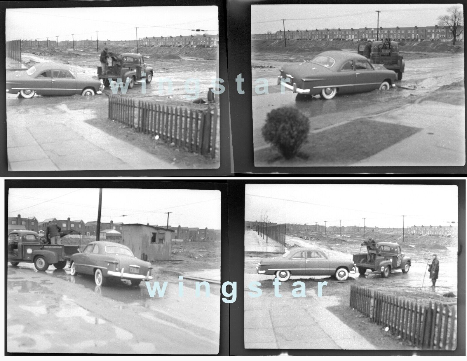 Rare 1949 - 50 Ford Club Coupe Car Tow Truck Flooding Negatives Vintage