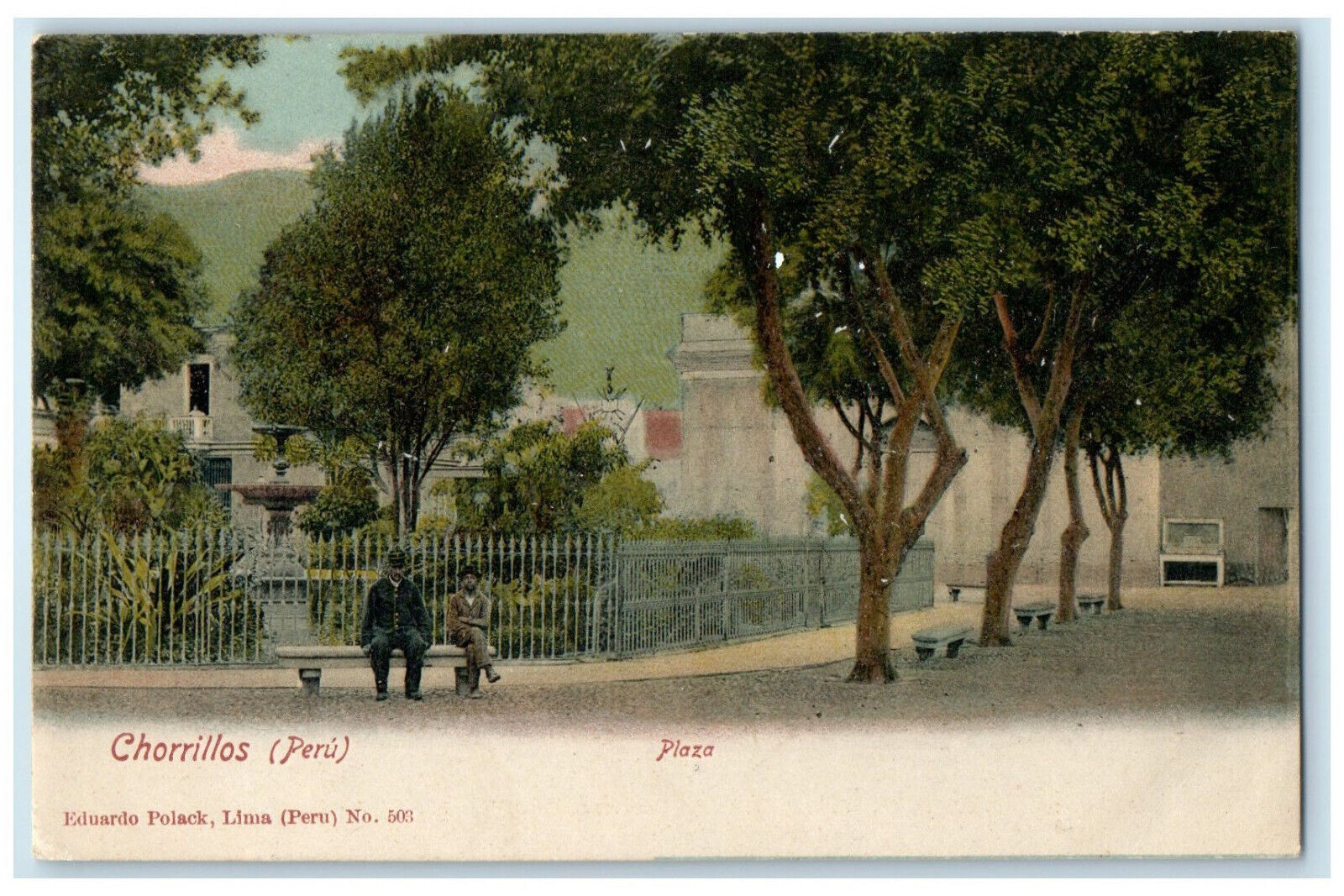 c1905 Two Men Sitting in Plaza at Chorrillos Peru Antique Unposted Postcard
