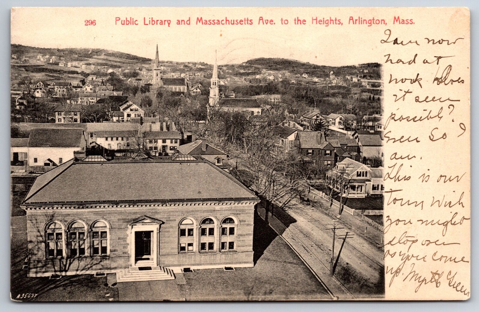 Arlington MA~Downtown Massachusetts Avene Public Library~Birdseye~c1905 Postcard