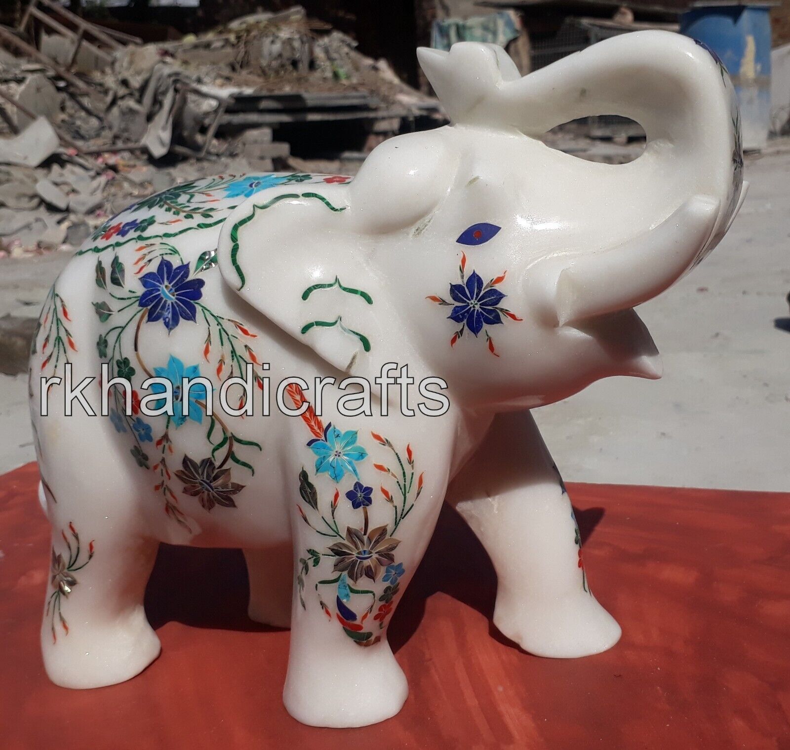 08 Inches Marble Elephant Statue Shiny Gemstone Inlay Work Decorative Elephant