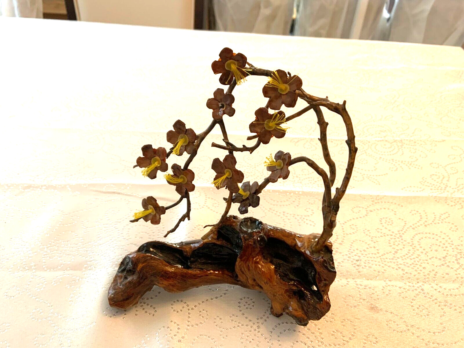 Chinese Vintage Faux wood Carved Plum Blossom Statue nice art