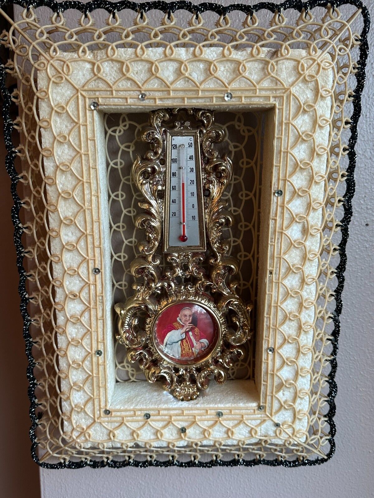 VTG 1958-1963 MCM Made in Italy POPE Photo Thermometer Framed Pope John XXIII