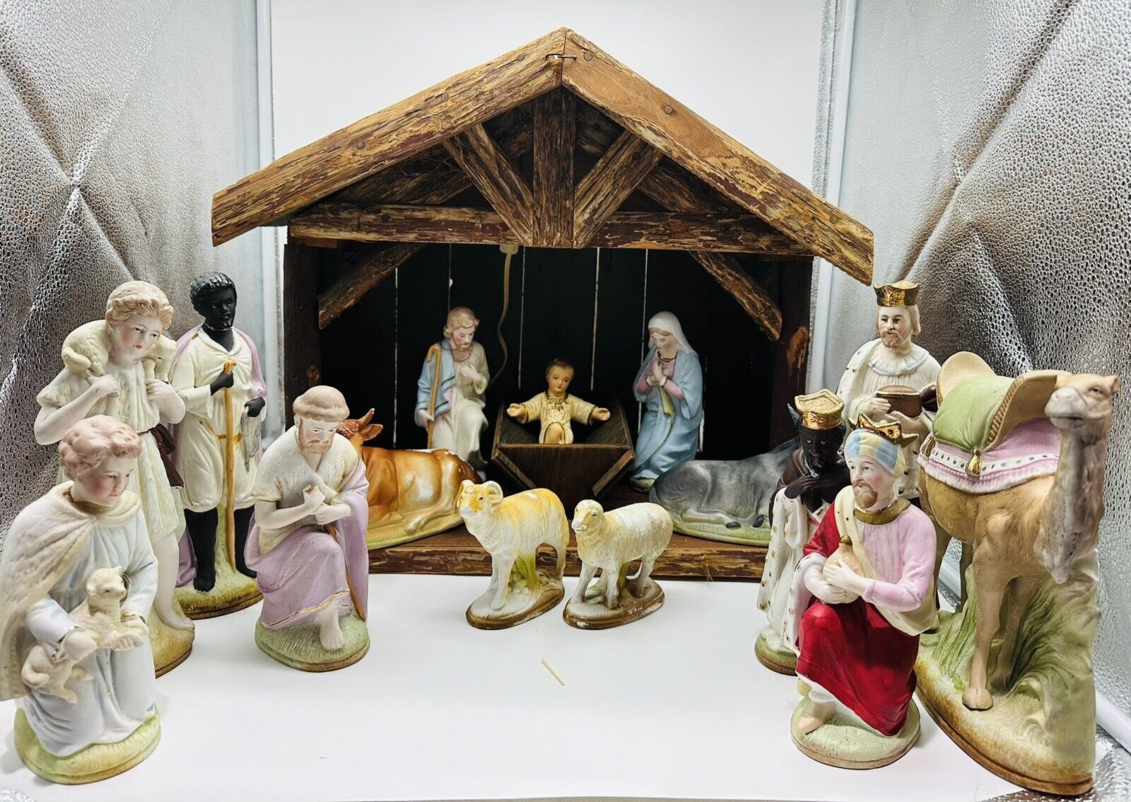 RARE Antique Carl Schneider German Bisque Porcelain 17 Piece Nativity Set