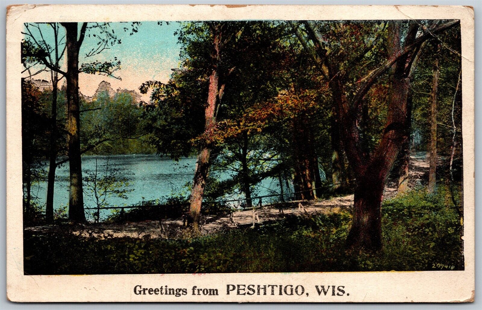 Vtg Greetings from Peshtigo Wisconsin WI Marinette County Scenic View Postcard