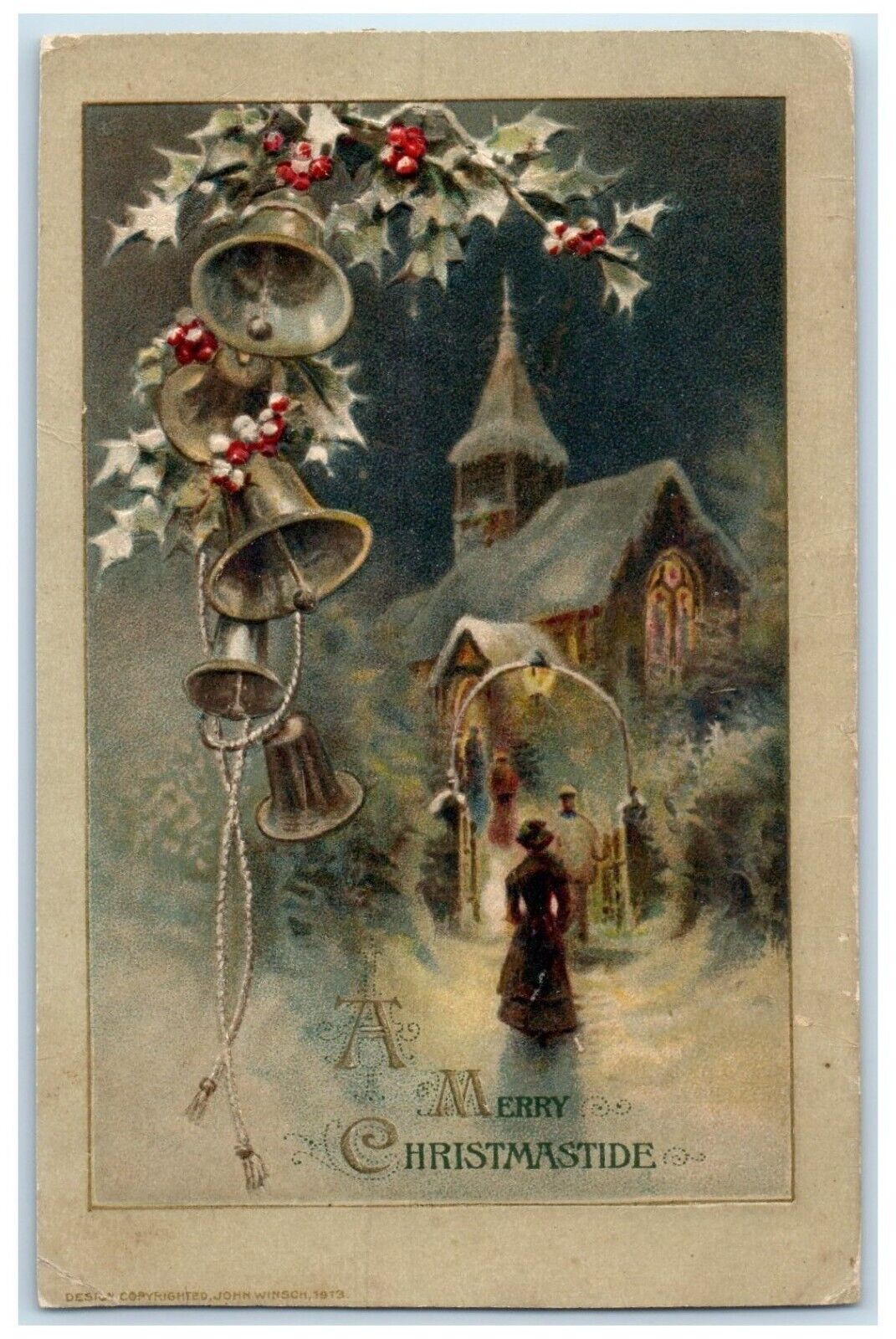 c1910s Merry Christmas Ringing Bells John Winsch Artist Signed Embossed Postcard
