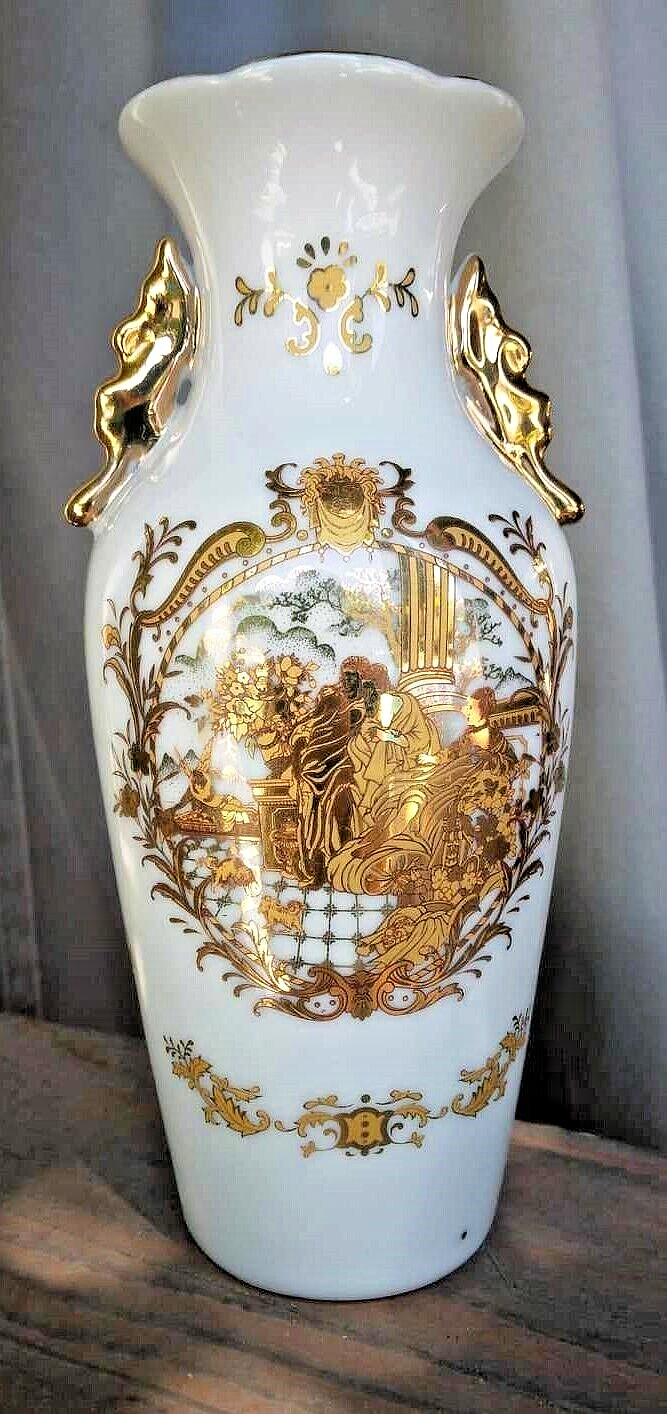 Gorgeous Limoges Fine White Porcelain Vase with Gold Gilded Ornate Roman Scene