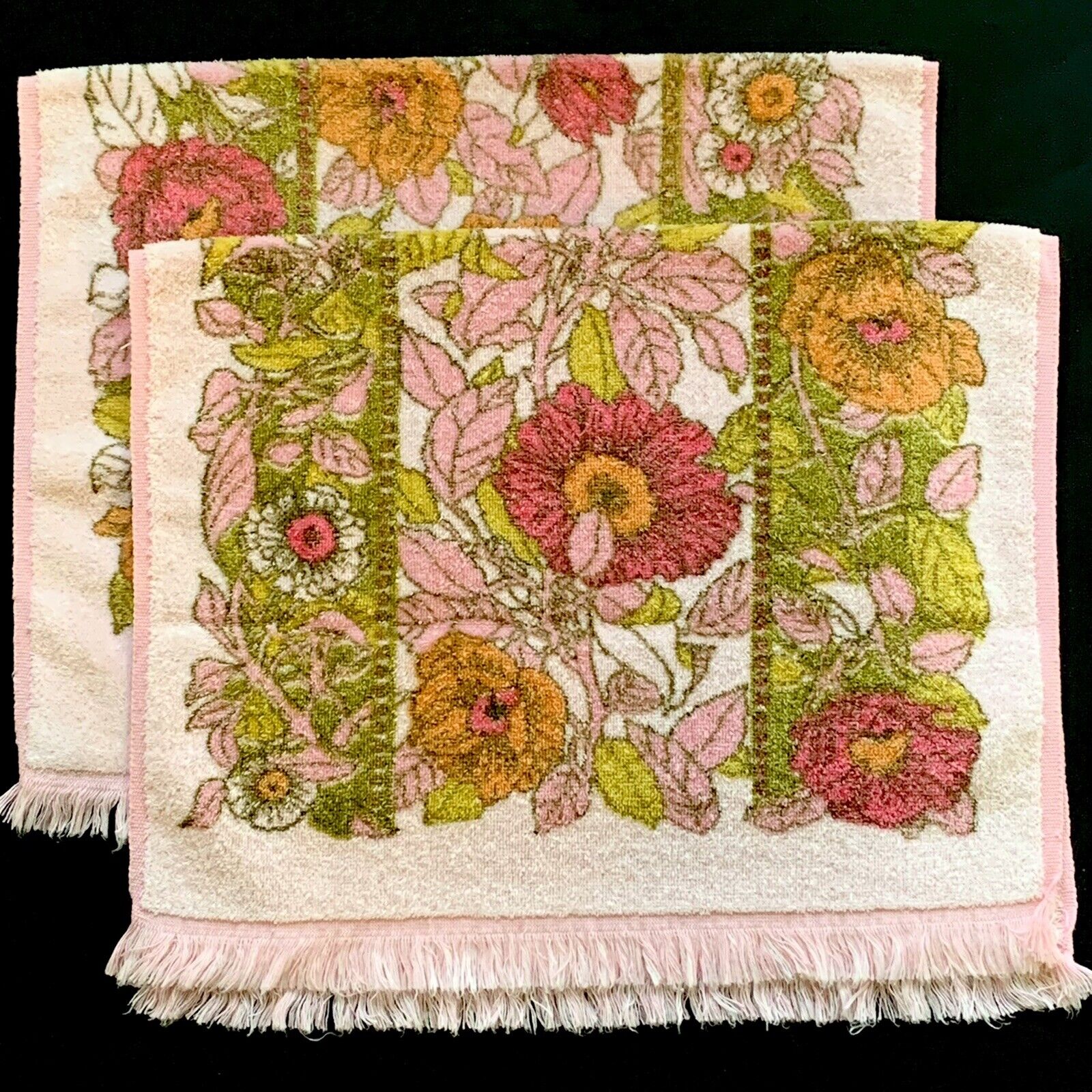 Vintage Stevens Utica Hand Towels Pink Floral Fringe Made in USA