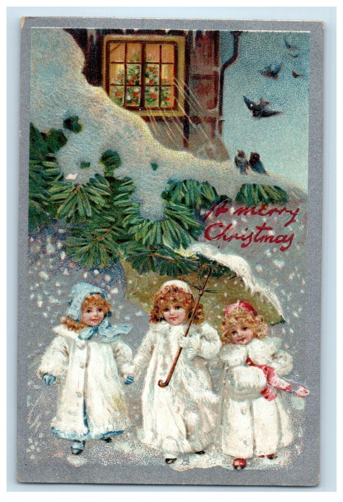 c1910\'s Merry Christmas Cute Little Girls Umbrella Warmer Winter Tuck\'s Postcard