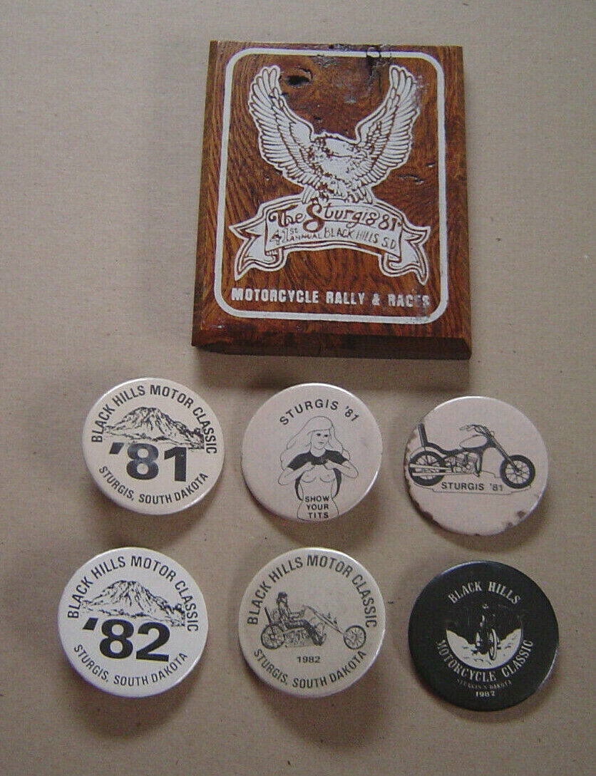 Vintage 1981 & 82 Sturgis Motorcycle Buttons Pinback Lot 6 Buttons W/Plaque 