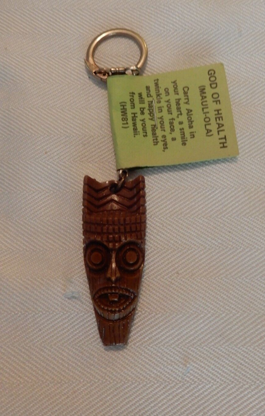 Vintage Coco Joe\'s Hapa Wood Souvenir Keychain ~ God of Health ~ NEW