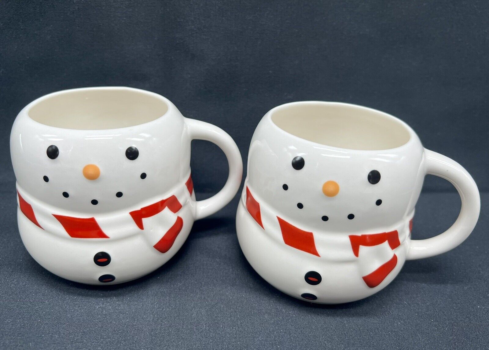 Mug Set 2 Williams Sonoma Bubble Happy Snowmen Red Scarf Stripe Handle Christmas