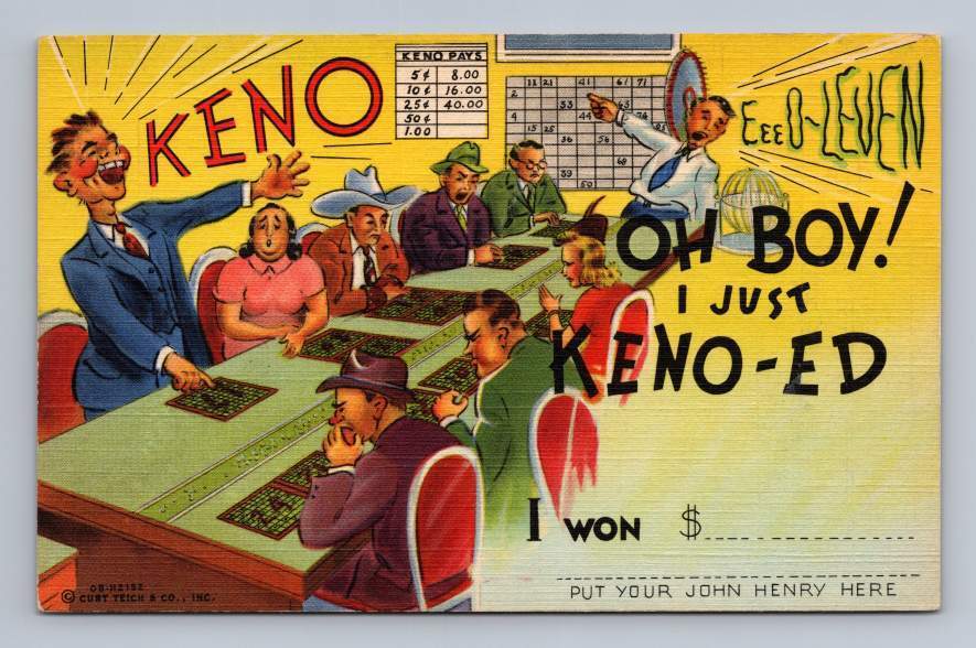 Vintage Keno Gambling Comic ~ Boulder City Nevada Linen Postcard ~1940s