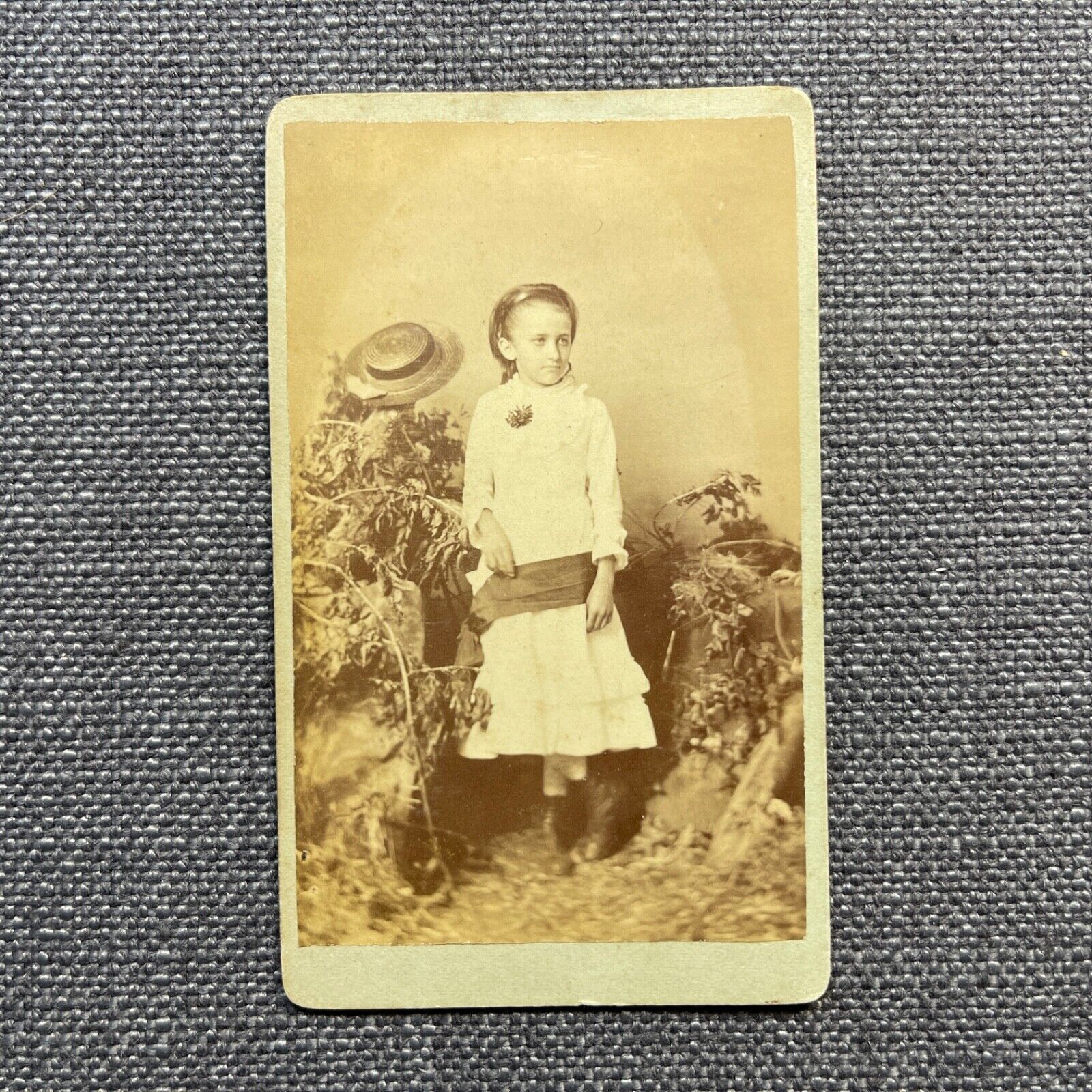 CDV Photo Antique Portrait Girl in Fashion Dress with Sash and Hat Iowa