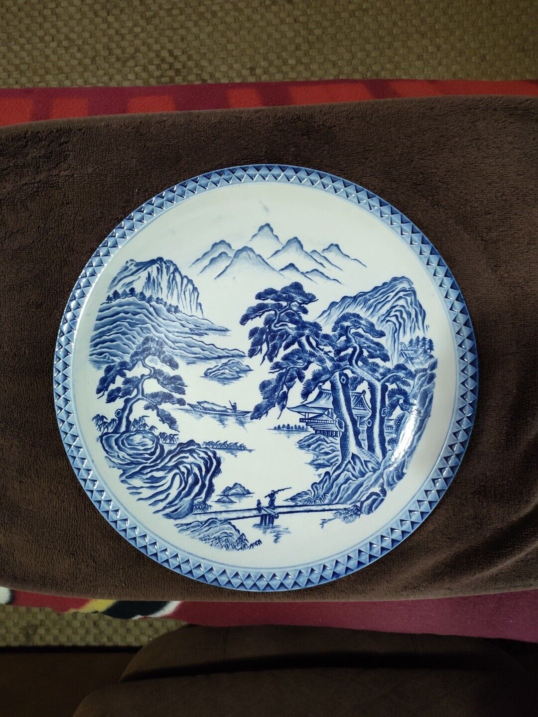 Vintage 12.5 Japanese Blue & White Plate w/ Stand. Mountain Scene