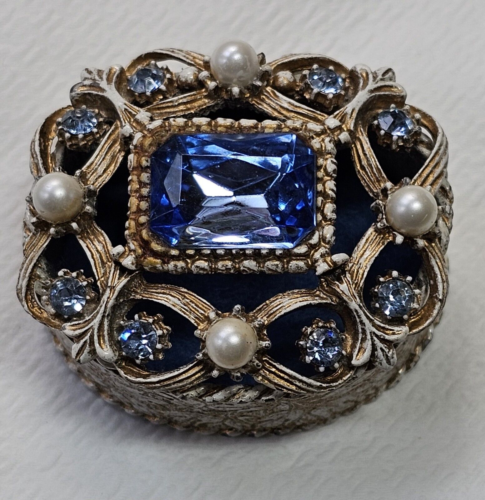 Vintage Florenza Trinket Box Holder Oval Enameled Blue Faux Pearl
