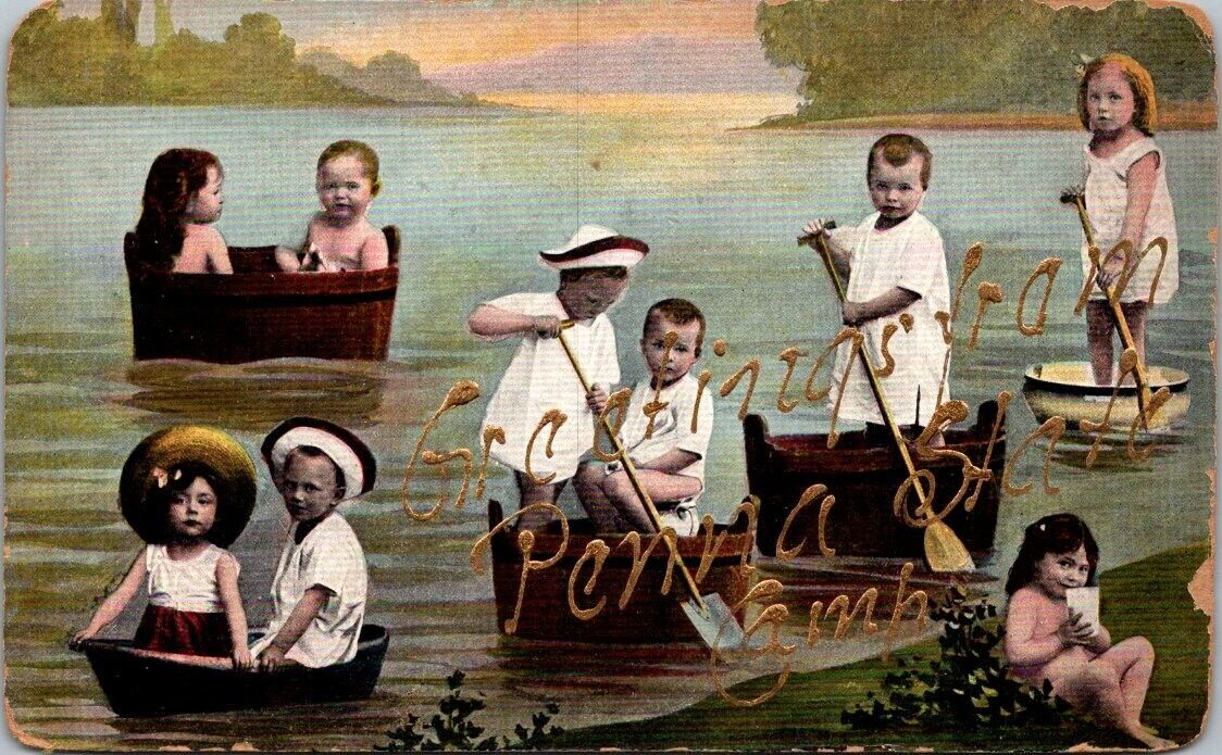Greetings from Penna State Camp. Multi Children in Buckets Rowing, Postcard. J.