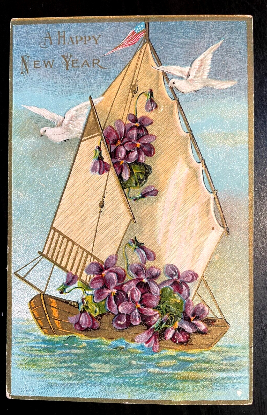 Vintage Victorian Postcard 1901-1915 A Happy New Year - Sali Boat