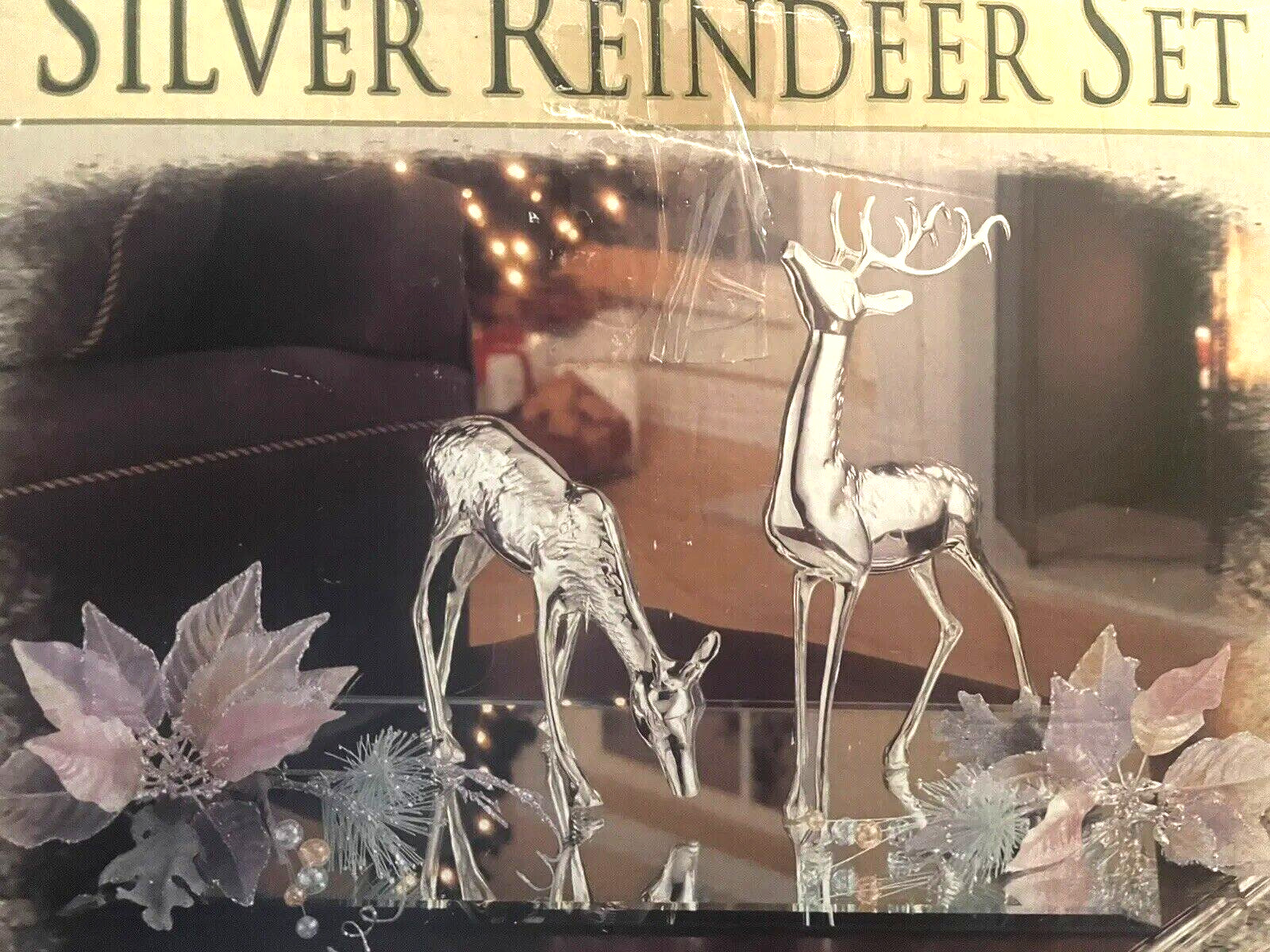 2001  Grandeur Noel Collector\'s Edition Silver Reindeer Set On Mirrored Base NOS