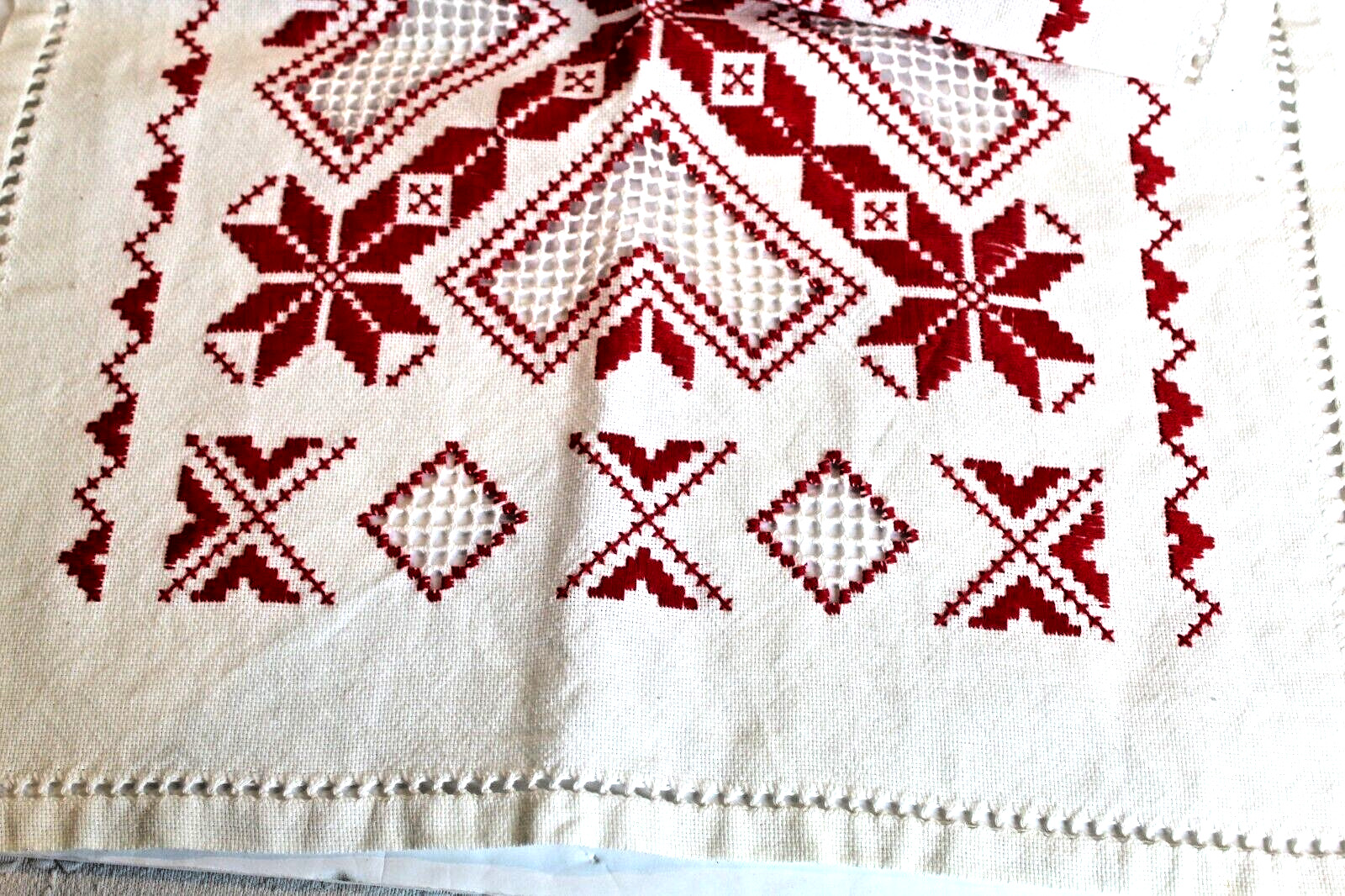 Vintage Red White Hand Embroidered Table Runner Openwork - 38\