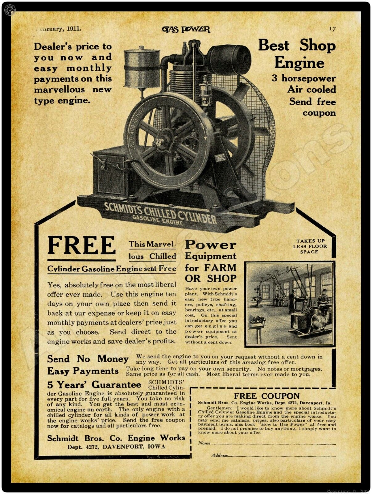 1911 Schmidt Engine Works Gas Engines New Metal Sign: Davenport, Iowa