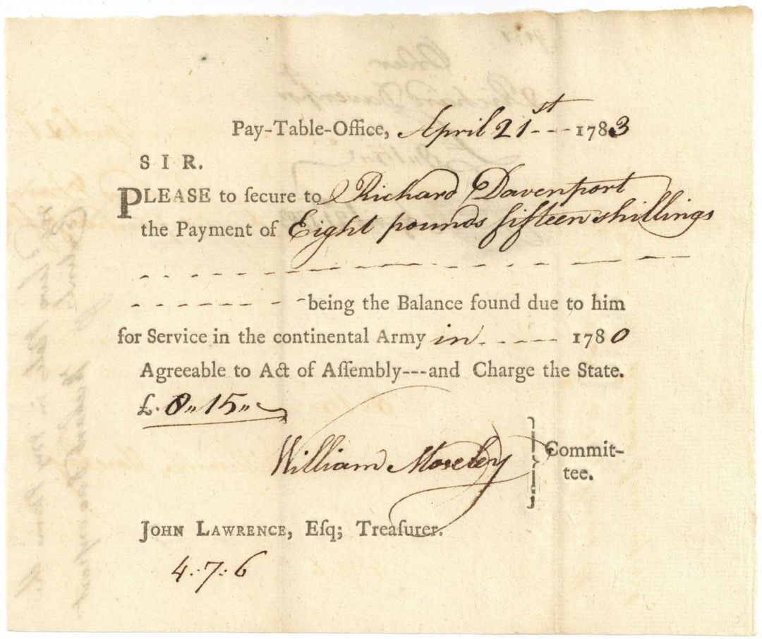 Revolutionary War Payment Order dated 1780's for Service in the Continental Army