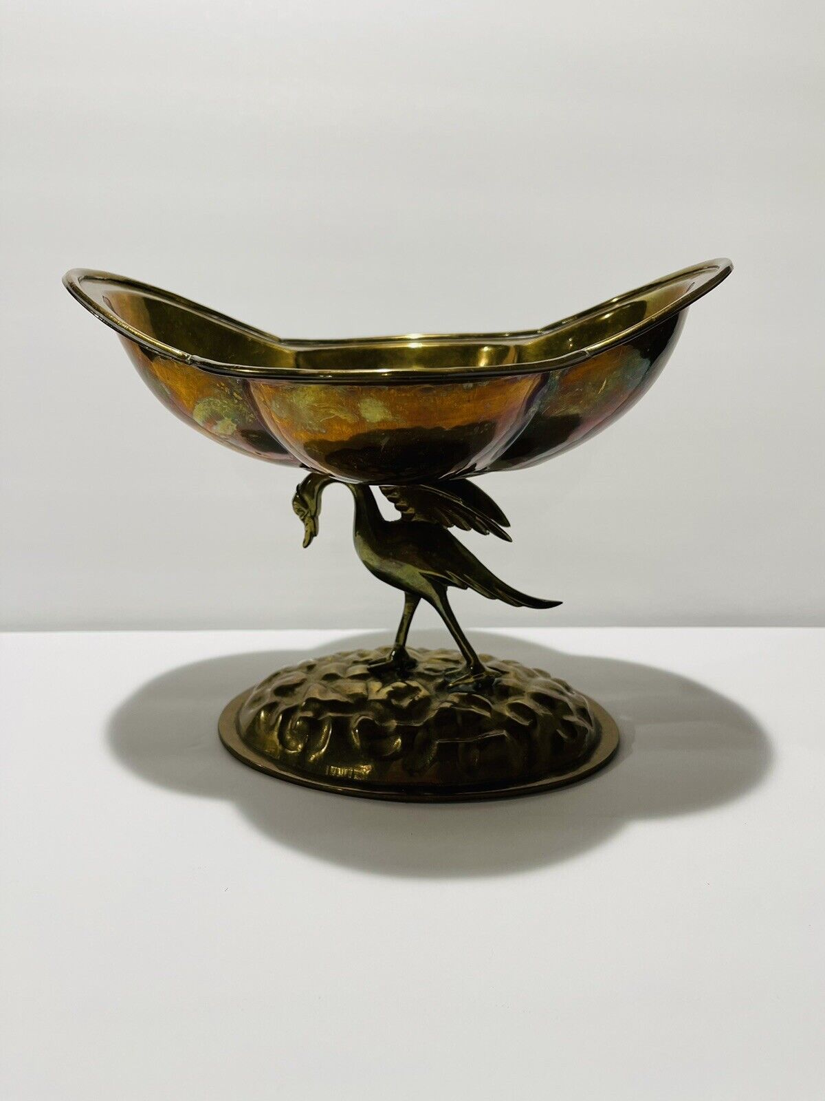 Rare Vintage Brass Elegant pedestal bowl with unique Swan Footed Hammered Base