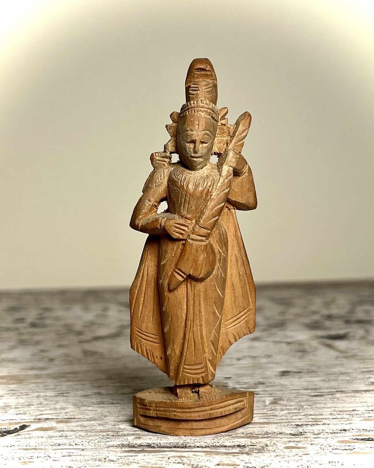 Goddess Saraswati. Carved Sandalwood. India. Mid 20th Century.