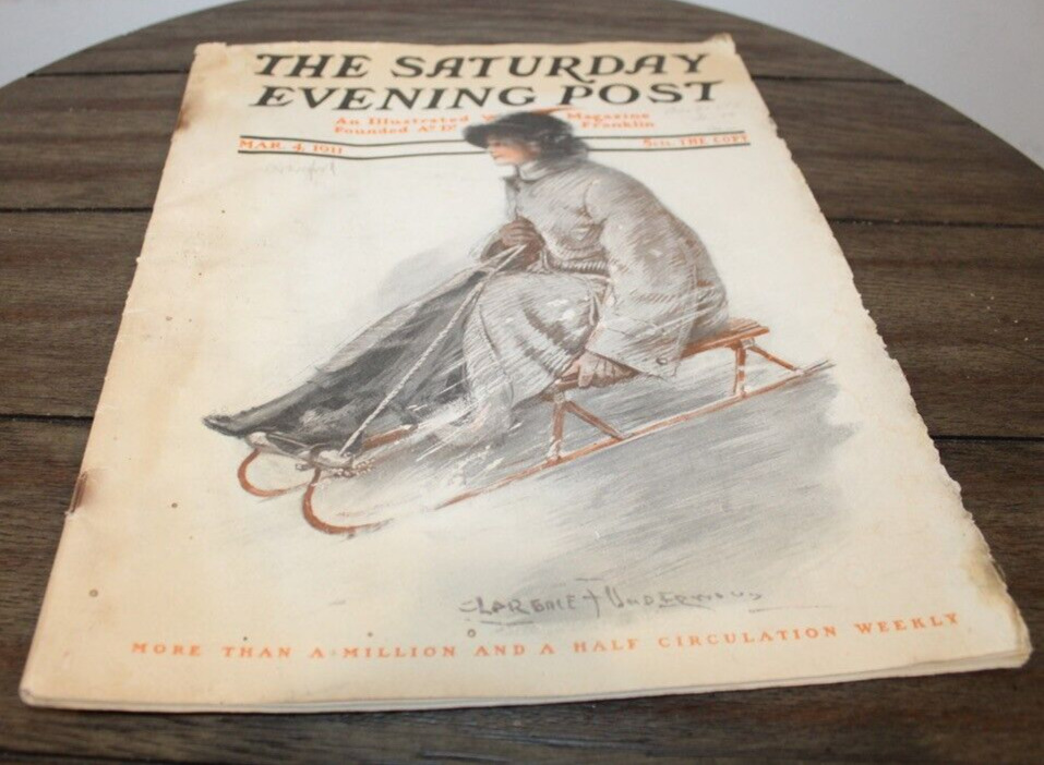 Antique Magazine SATURDAY EVENING POST March 4, 1911 WOMAN SLEDDING