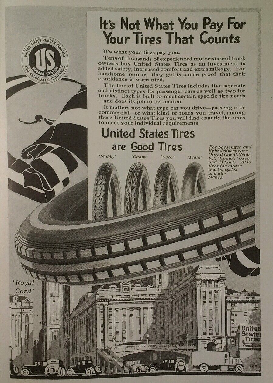 United States Tires 1919 Print Ad Antique Original Cars City Street NG 