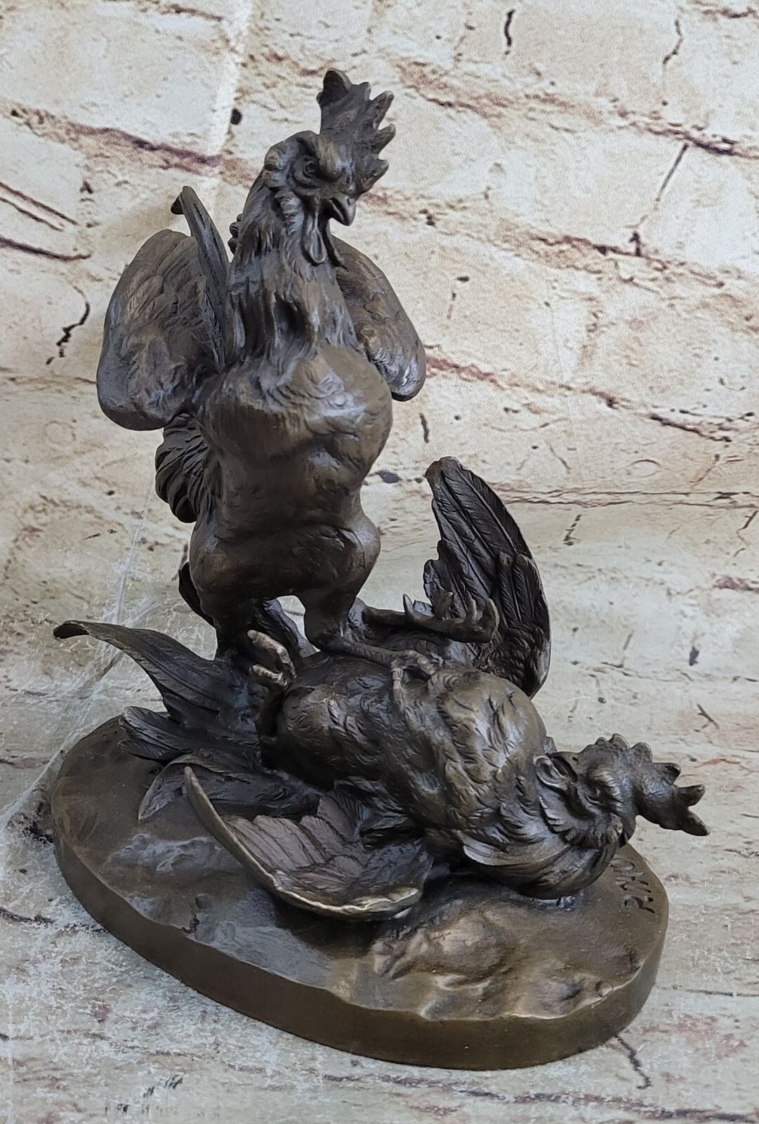 Pair Bronze Asian Rooster Cock Fight Sculpture Hand Made Classic Artwork Gift
