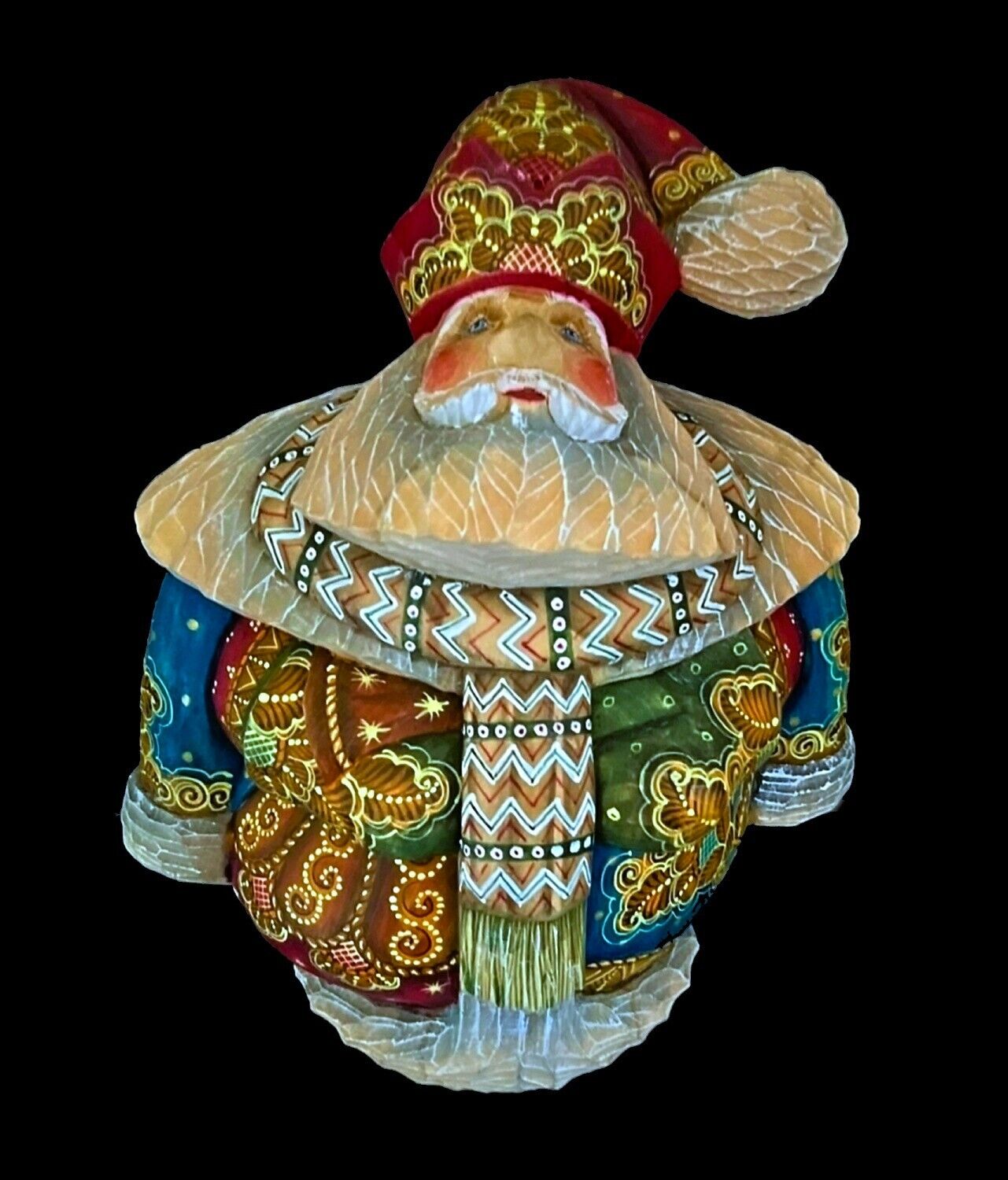 Russian Santa hand carved and painted w/Nativity Scene