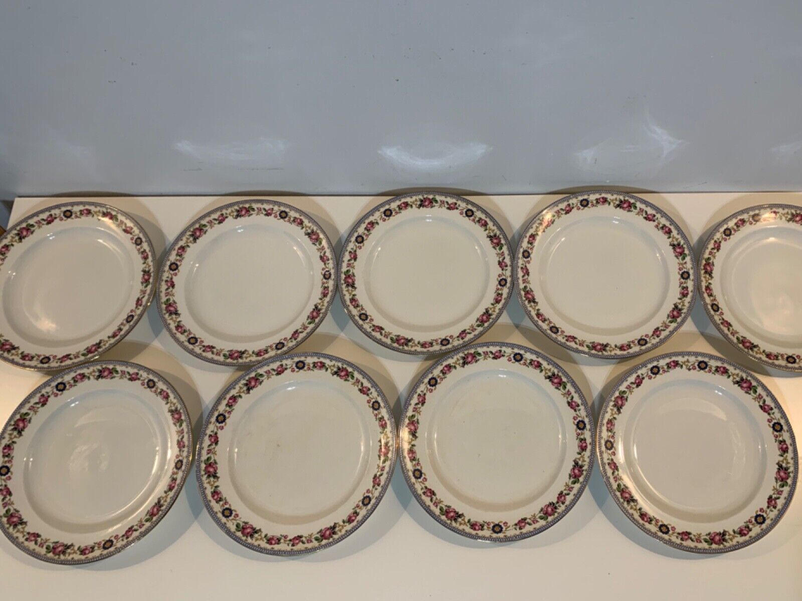Ant Booths Staffordshire Porcelain Set of 8 Dinner Plates w/ Rose Floral Dec.