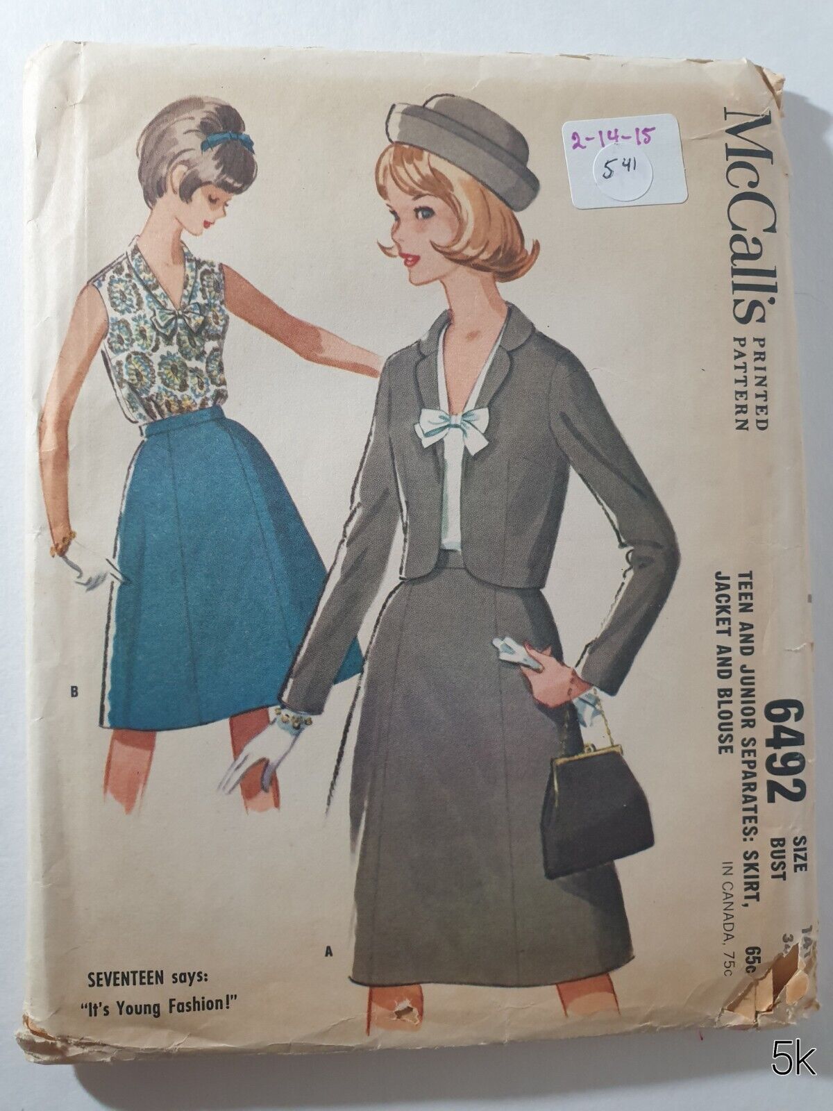 McCall\'s 6492 Vintage 1962 Teen Jacket Blouse & Skirt Sewing Pattern Size 14