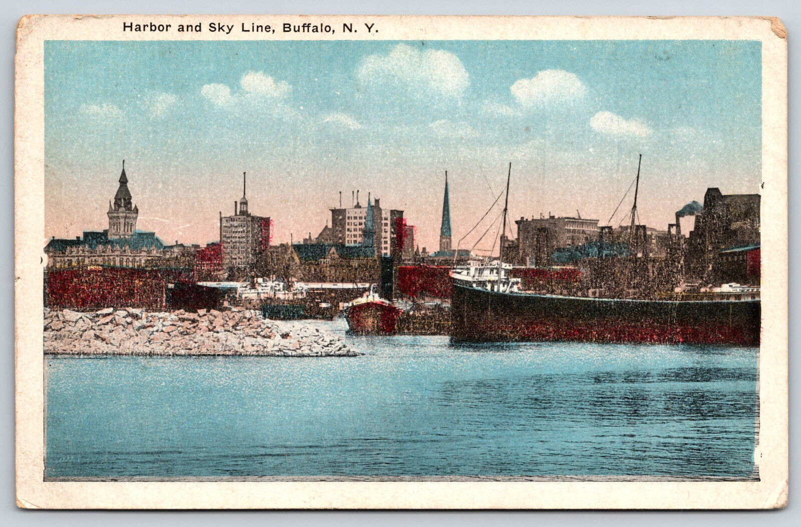 Buffalo NY-New York, Harbor And Sky Line, Boats, Vintage Antique Postcard