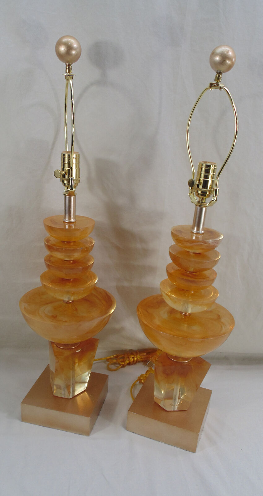 2 Vintage Hivo Van Teal Amber Acrylic MCM Table Lamps Stacked Bowls 30\
