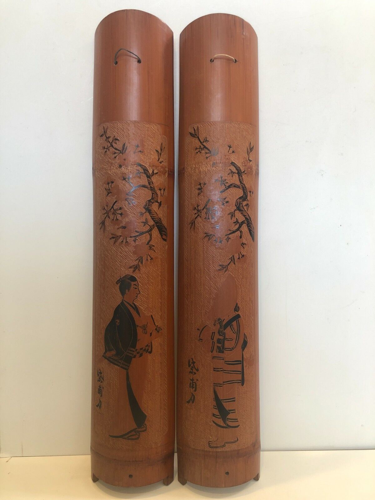 Pair Vintage Japanese Man & Woman Hand Carved Painted Bamboo Wall Art, Signed