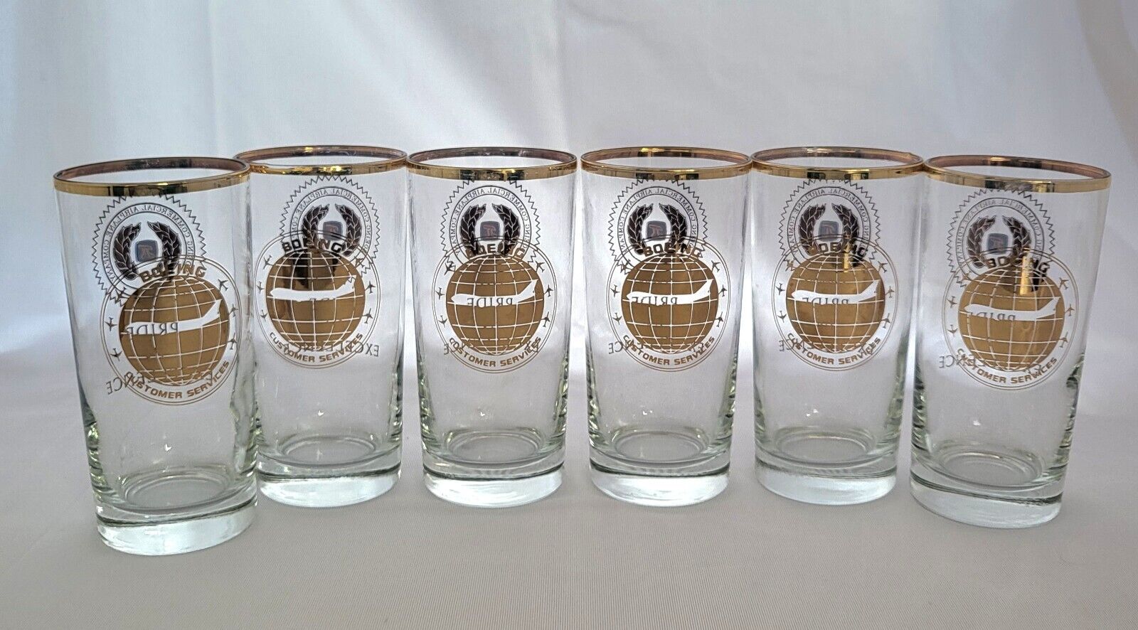 6 Boeing Drinking Glasses Pride in Excellence Gold with Rim