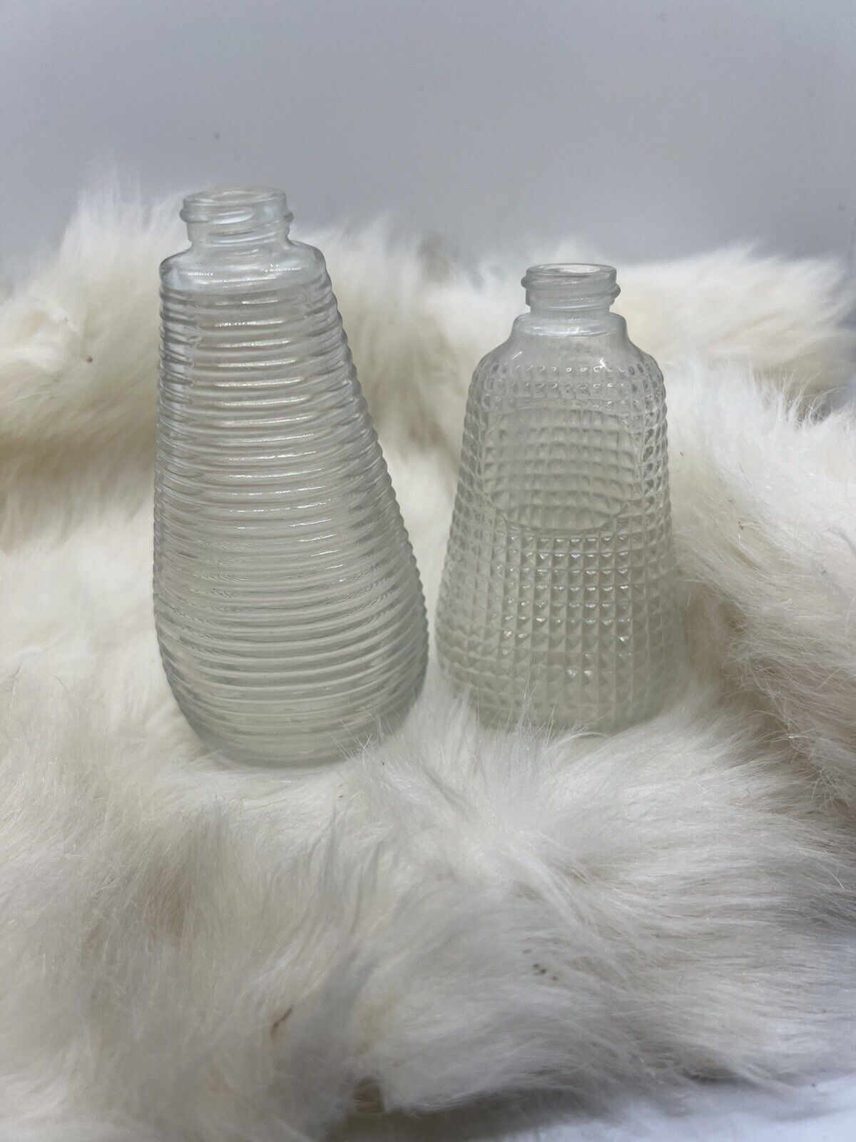 Two 1930s Vintage Unique Shape Old ClearRibbed Bottles