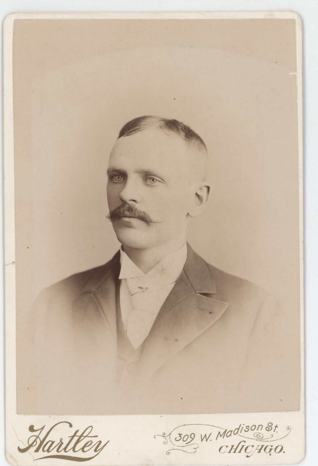 Antique Circa 1880s Cabinet Card Handsome Man With Mustache Hartley Chicago, IL