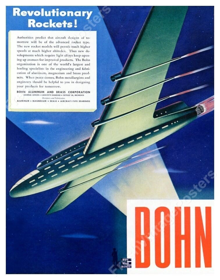 1940s streamlined future rocket plane art Bohn aluminum ad NEW POSTER 20x24