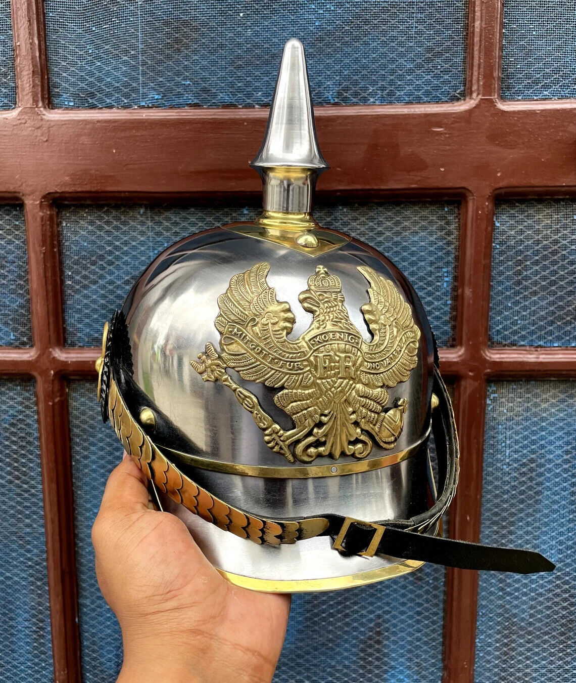 German Iron Prussian Pickelhaube Helmet Spiked With Wooden Stand Halloween Gift