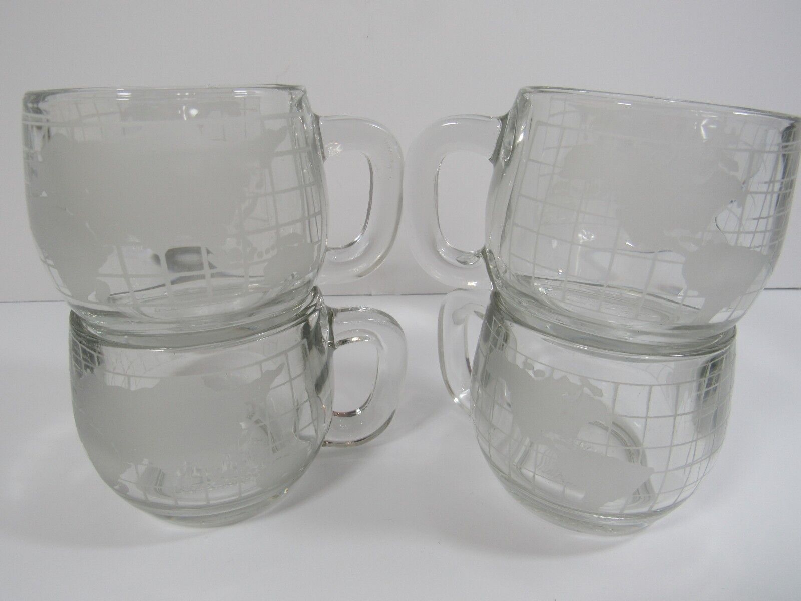 4-VTG Nescafe Nestle Mugs Cups World Globe Coffee Tea Etched Clear Glass GUC