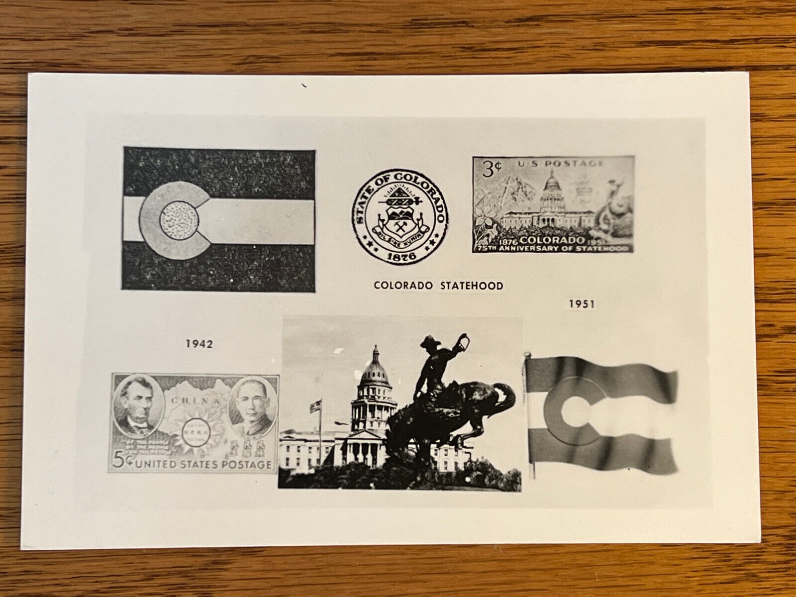 Colorado, CO, RPPC, Statehood Symbols, Flag, Seal, Stamps, Capitol, ca 1950