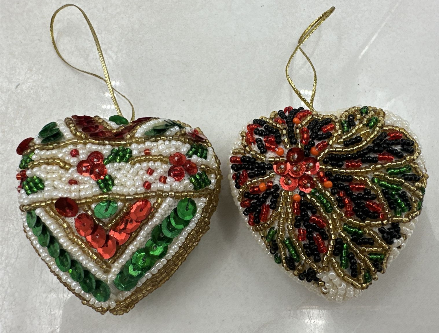 Vintage Hand Beaded Heart Christmas Ornament Sequined Ornate Lot of 2