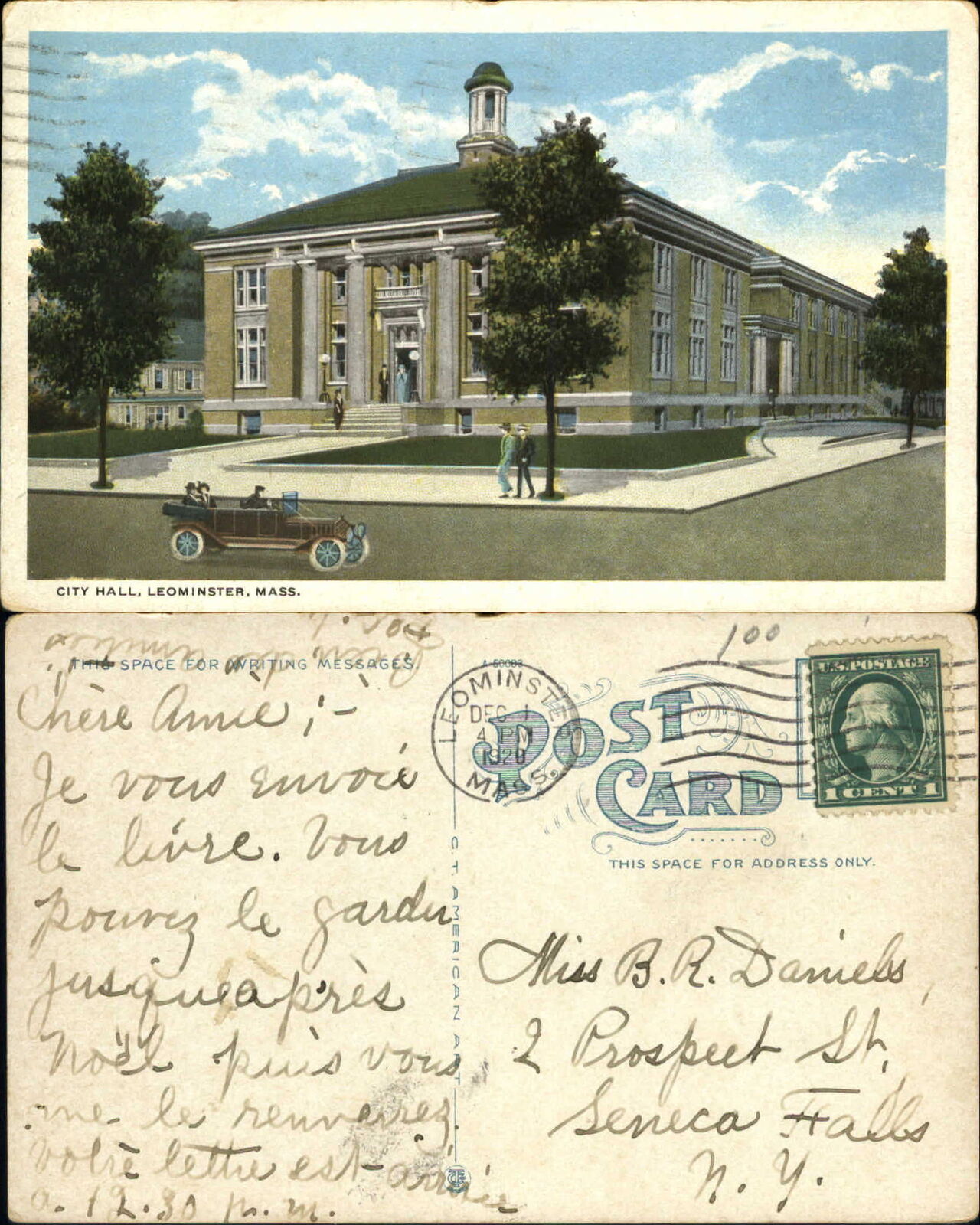 City Hall Leominster Massachusetts MA postcard mailed 1929 antique car