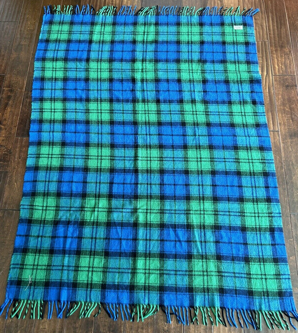 Vintage Faribo Fluff Loomed  Blanket Plaid Green Blue USA 54” x 64”