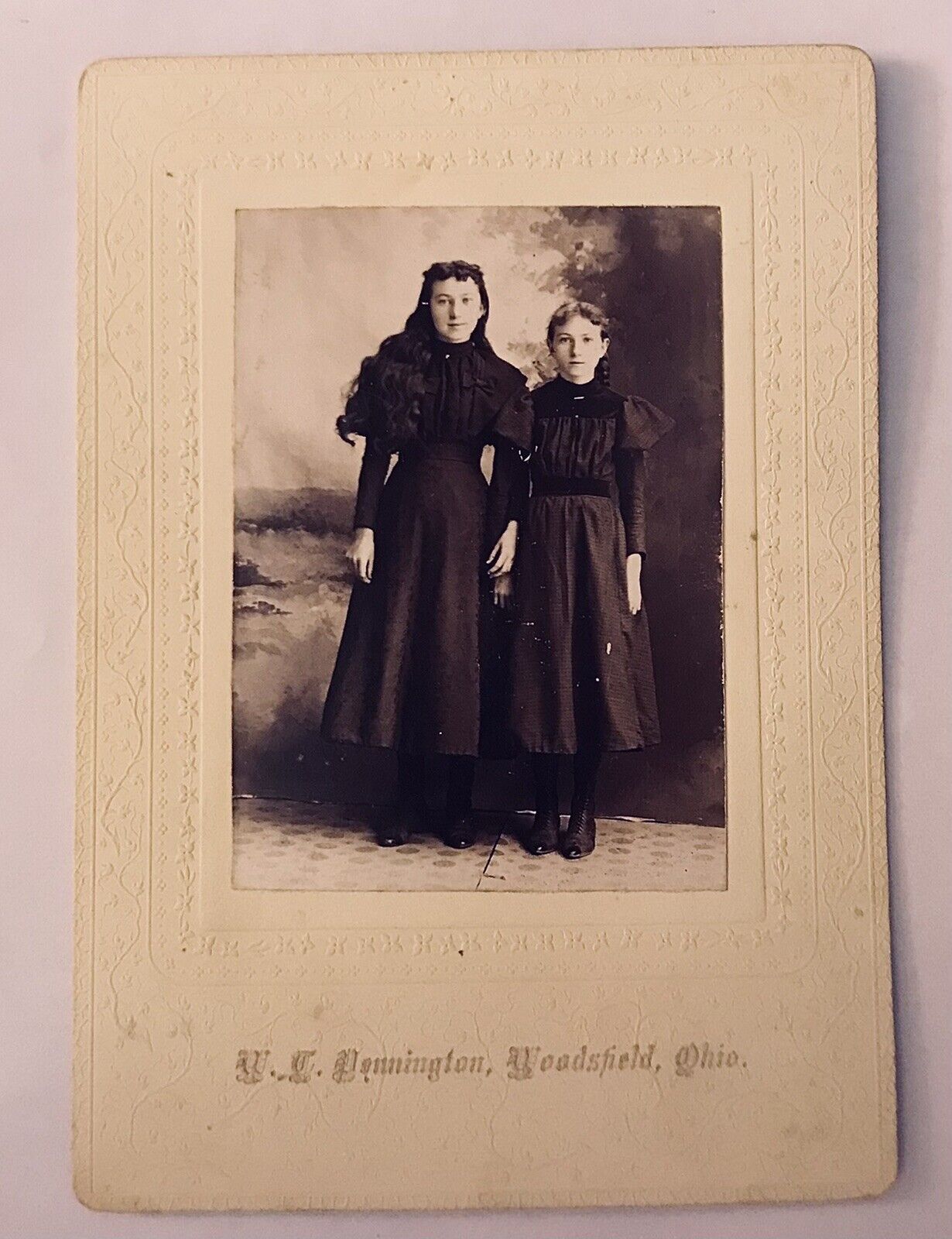 Antique Photo Cabinet Card Young Sisters Dressed in Black Long Hair 1896-97